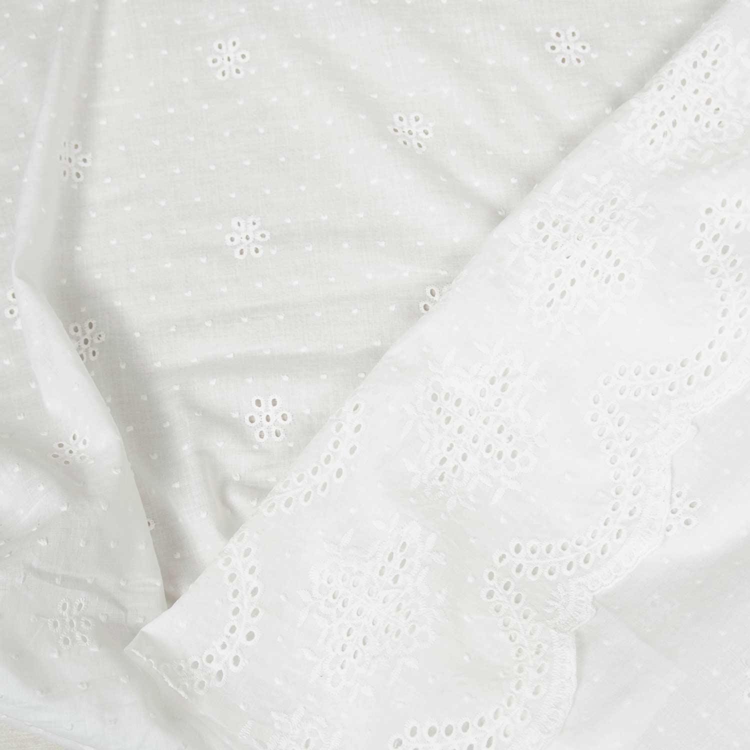 Dettaglio stoffa San Gallo in cotone 105 g, leggermente trasparente, con piccoli pois plumetis e motivi ricamati eleganti.