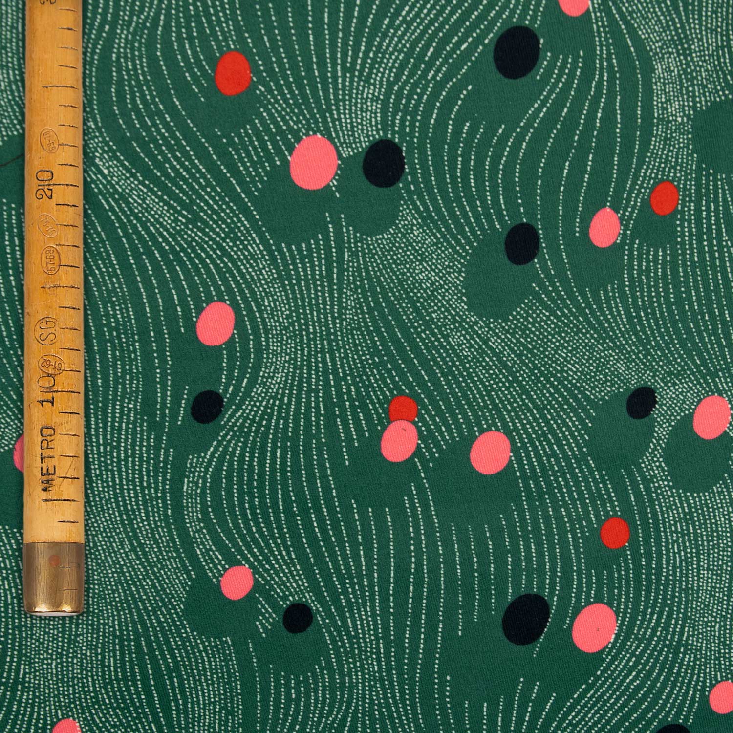 Velluto cotone 2000 righe deadstock brand lusso con stampa geometrica astratta su fondo verde bosco