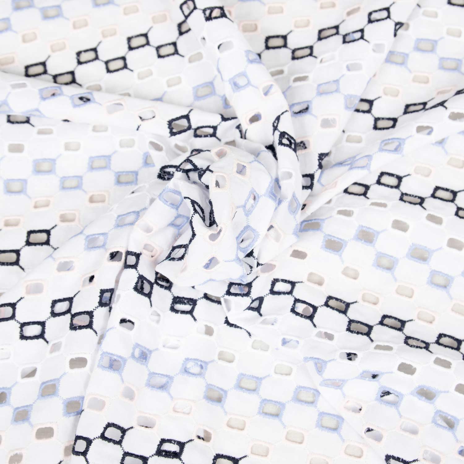 Stoffa deadstock cotone sangallo La Malcontenta pattern geometrico rettangoli acquista online tessuti al metro abbigliamento