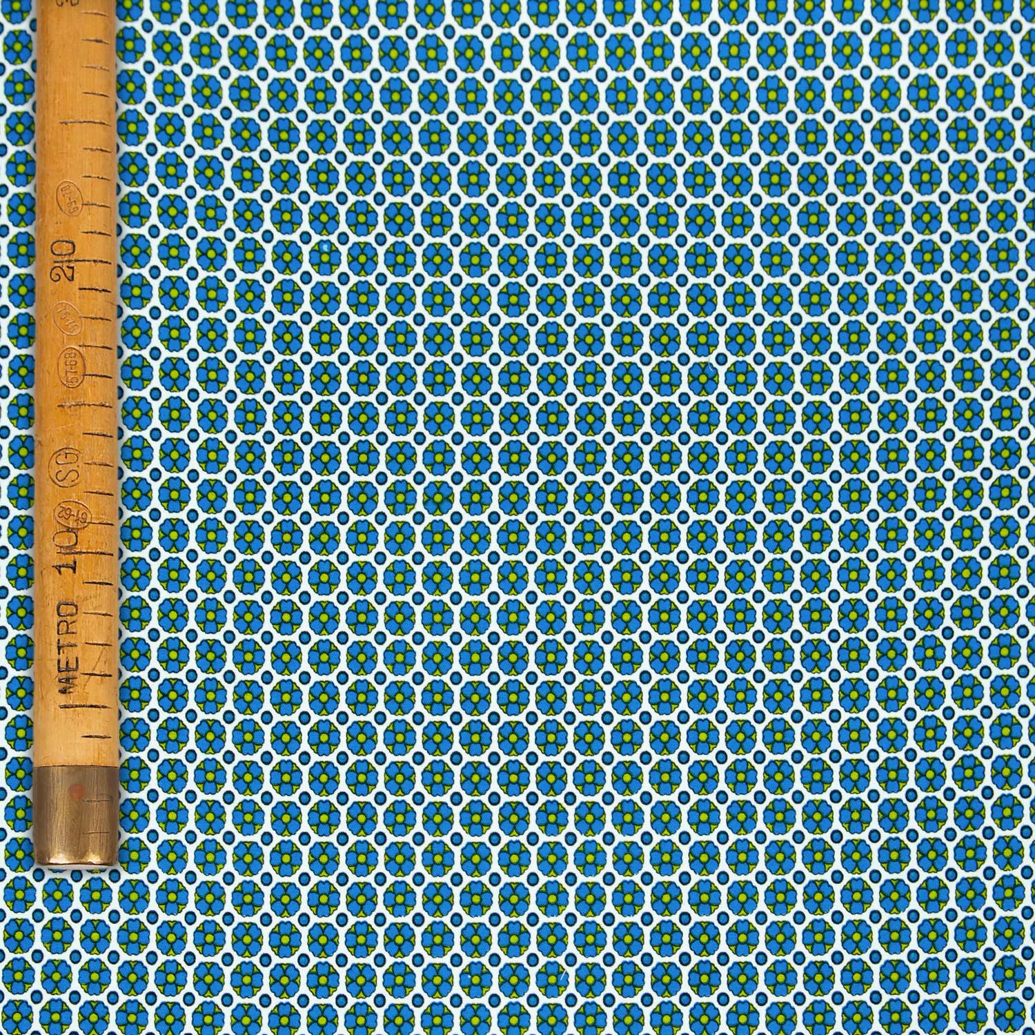 Raso cotone elasticizzato stampato Maiolica deadstock bianco blu elettrico verde lime tessuto al metro shop online abbigliamento