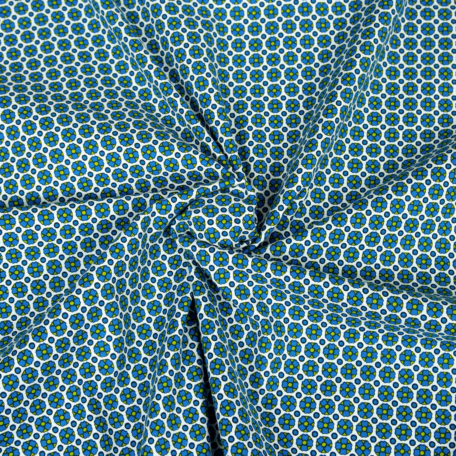 Stoffa deadstock raso cotone stretch floreale micro Maiolica blu verde lime acquista online tessuti al metro abbigliament