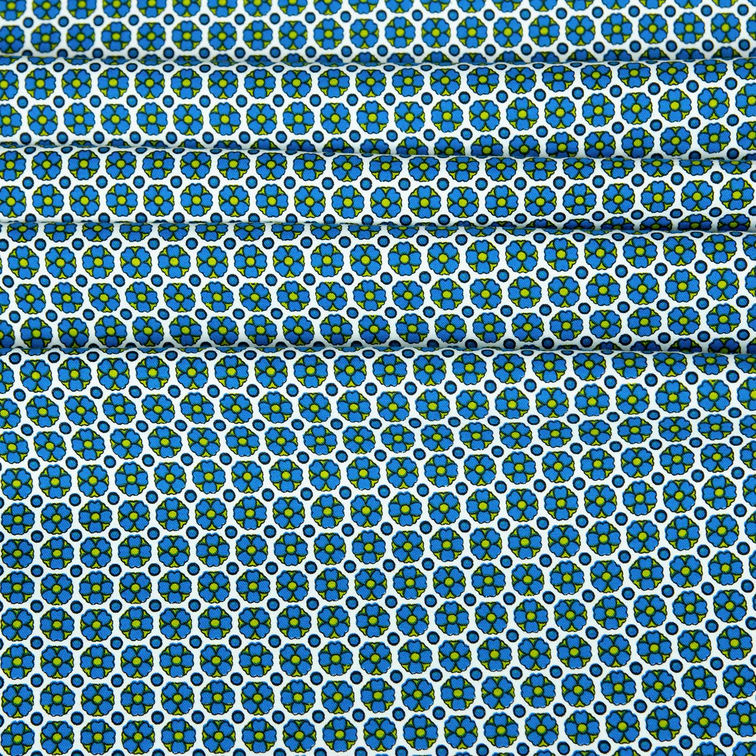 Tessuto deadstock raso cotone elasticizzato micro floreale Maiolica bianco blu verde lime al metro shop online abbigliamento