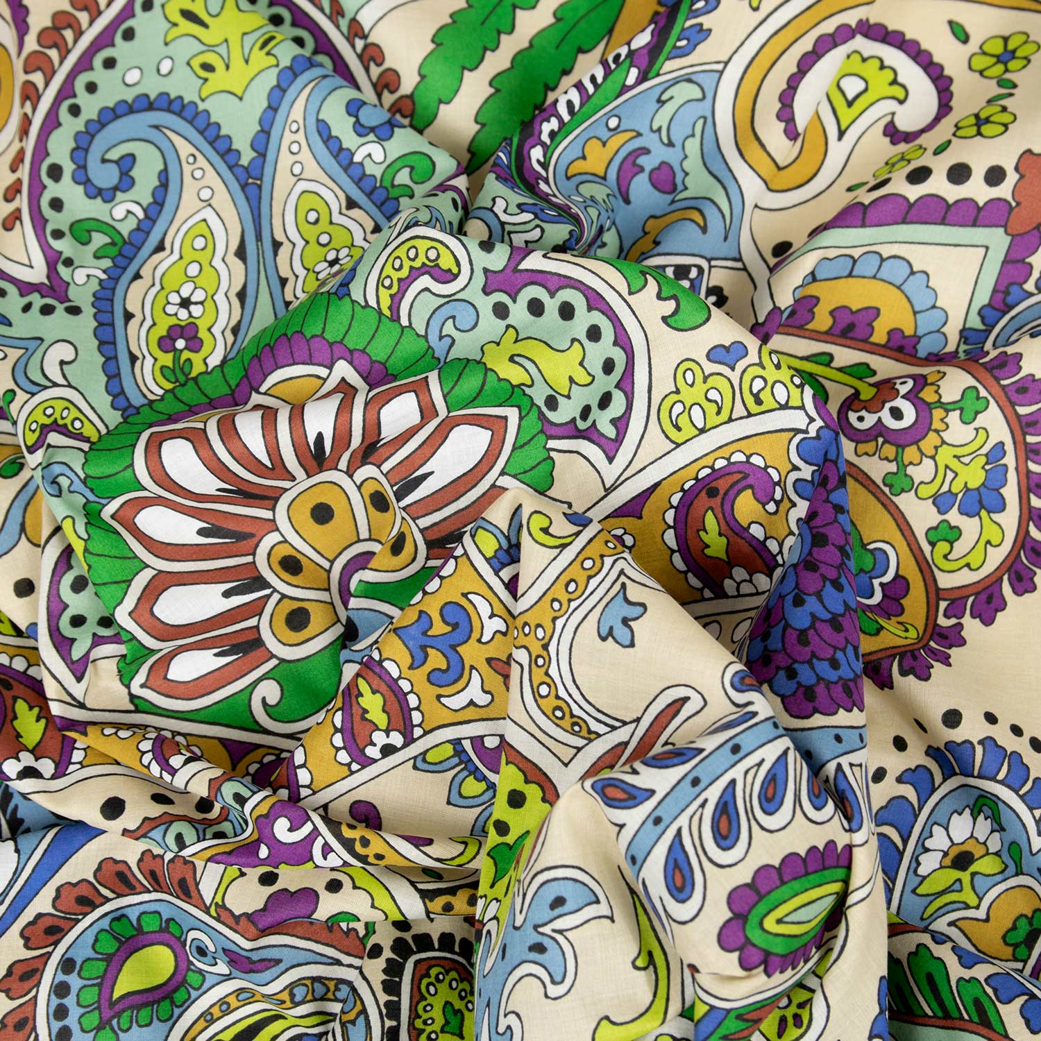 Stoffa deadstock popeline cotone paisley maxi bohémien Samarcanda viola verde ocra acquista online tessuti al metro abbigliamento