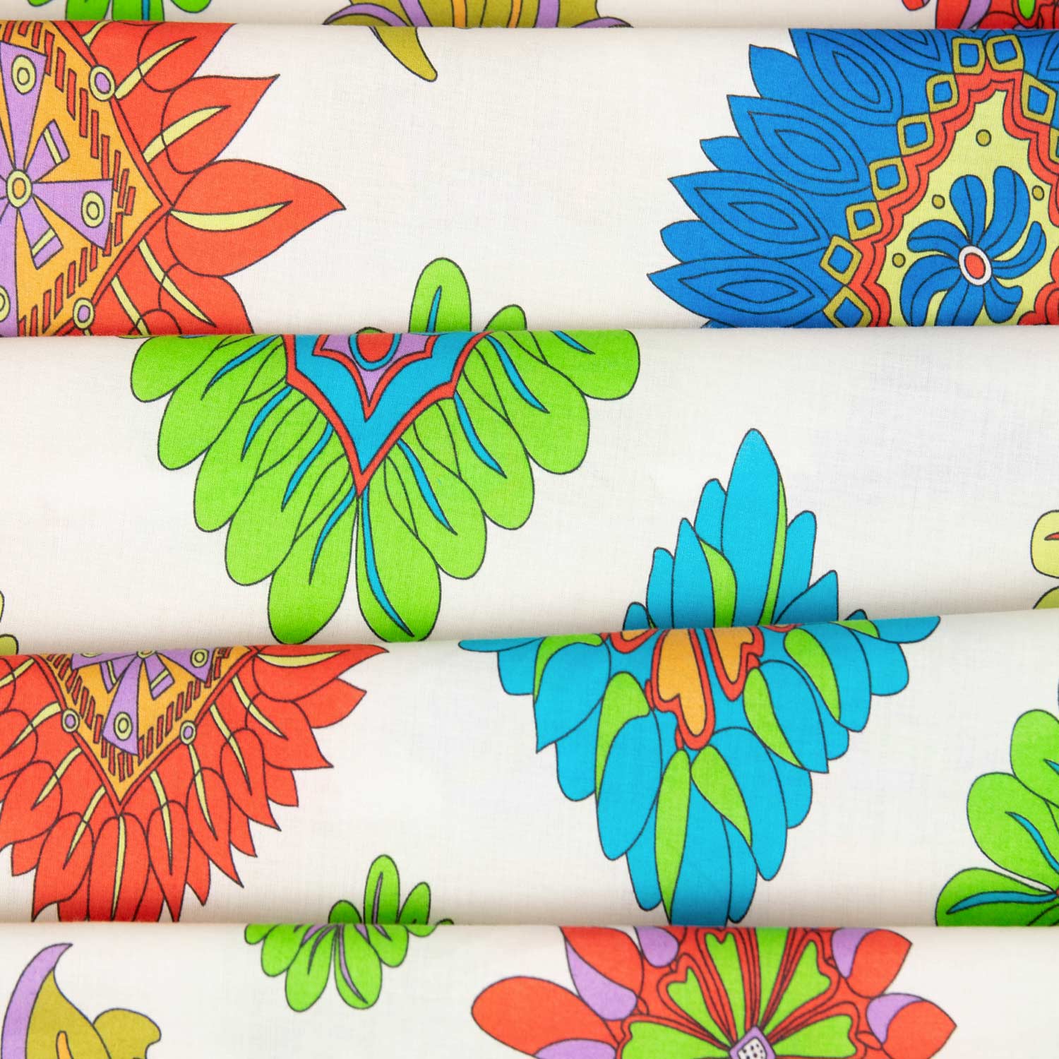 Tessuto deadstock popeline 100% cotone floreale maxi medaglioni Rio multicolore al metro shop online abbigliamento estivo