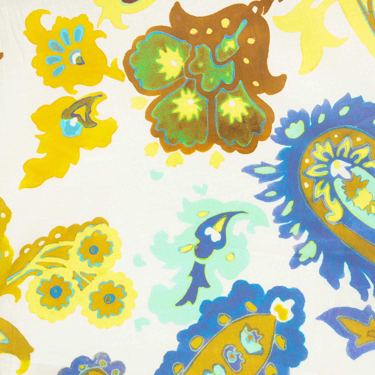 Dettaglio popeline cotone leggero paisley maxi Positano deadstock blu giallo menta marrone fondo bianco tessuti al metro shop online