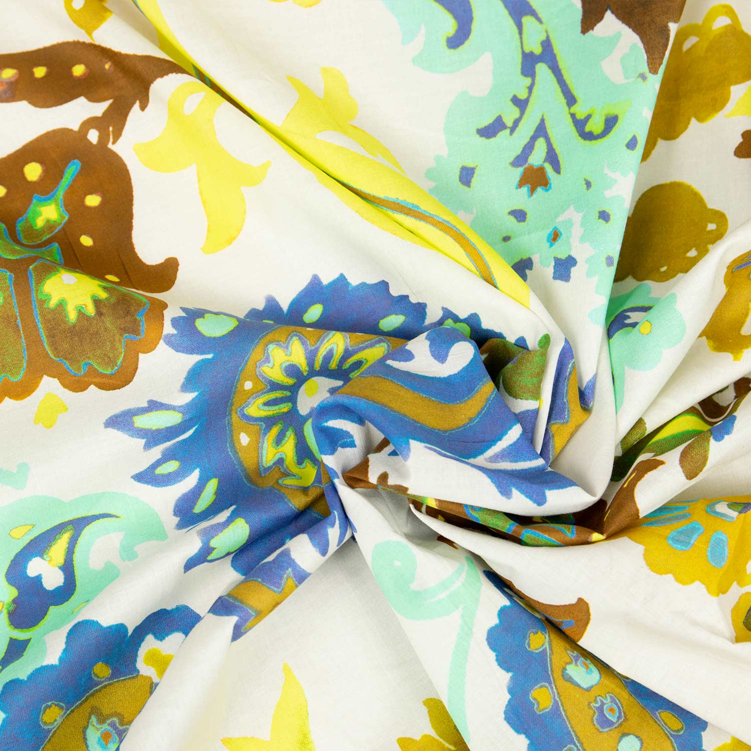 Stoffa deadstock popeline cotone paisley acquerellato Positano blu cobalto giallo ocra menta acquista online tessuti al metro abbigliamento