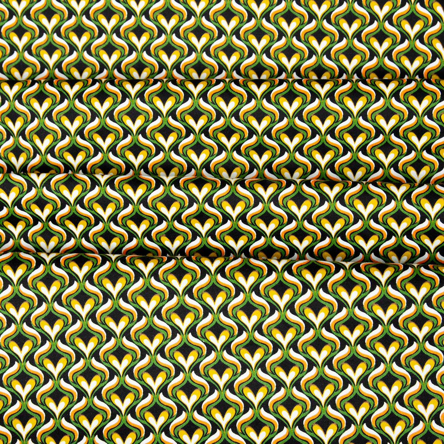 Raso cotone stretch geometrico ogee fondo nero verde giallo arancio deadstock tessuto al metro shop online abbigliamento