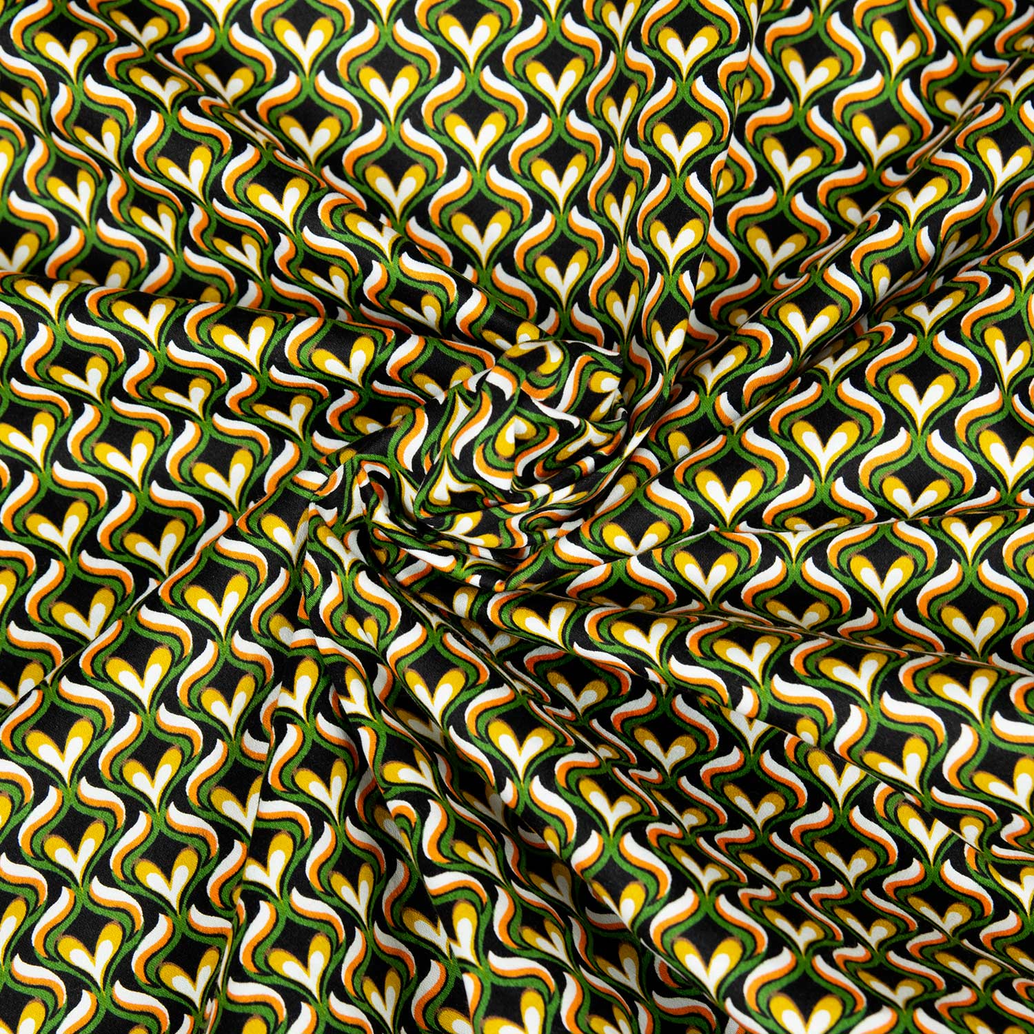 Tessuto deadstock raso cotone elasticizzato geometrico ogee nero verde giallo arancio bianco al metro shop online abbigliamento