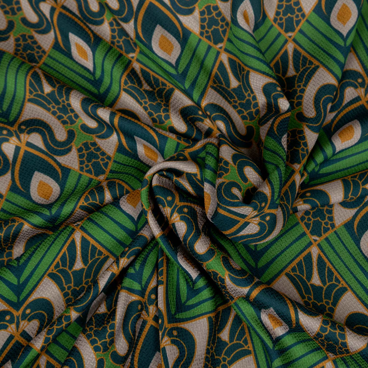 Viscosa jacquard stampata geometrica Art Nouveau verde bosco ocra grigio deadstock tessuto al metro shop online abbigliamento