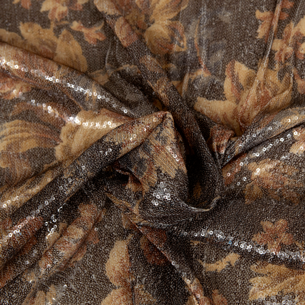 Tessuto deadstock di paillettes ricamate marroni e beige con motivo floreale di alta moda